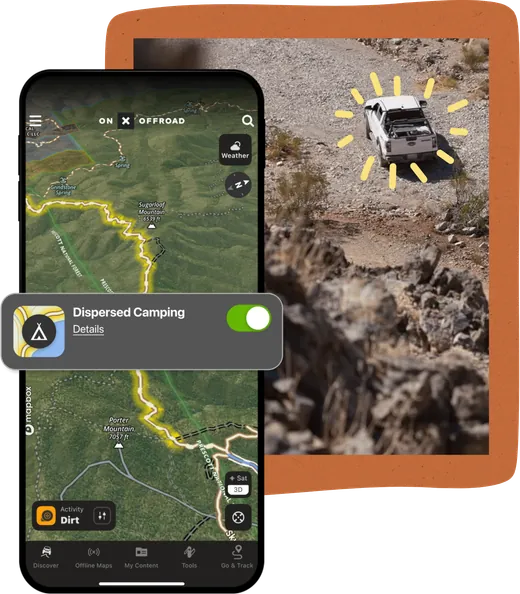 The onX Offroad app showing a mapped trail, beside a photograph of a truck on a rocky descent